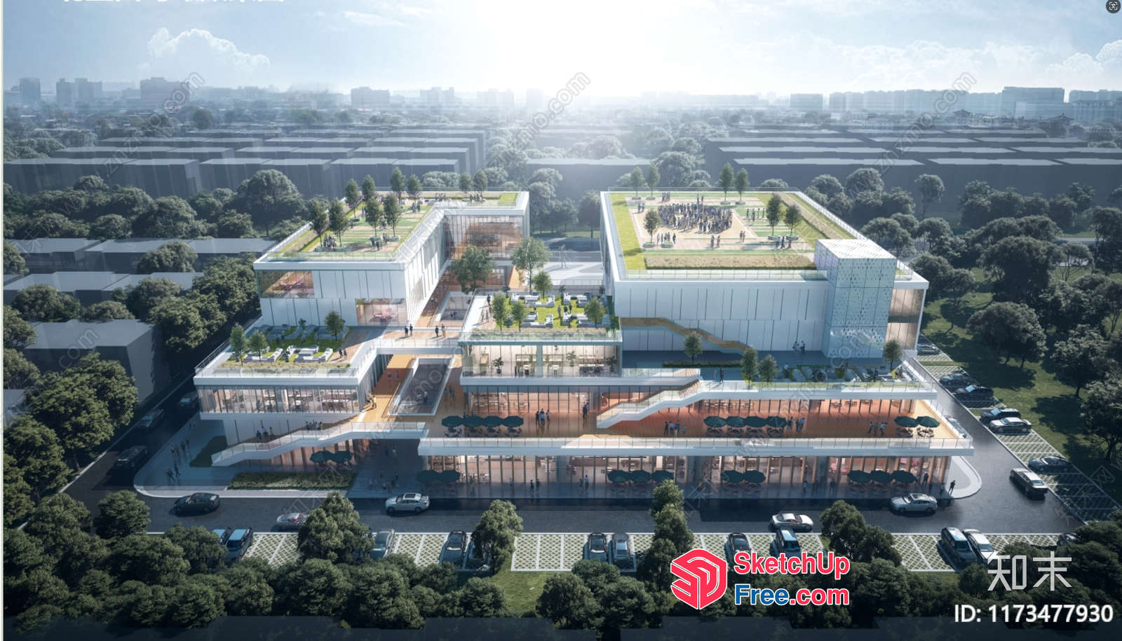 Modern Office Building With Glass Curtain Wall And Rooftop Garden 3D SketchUp File