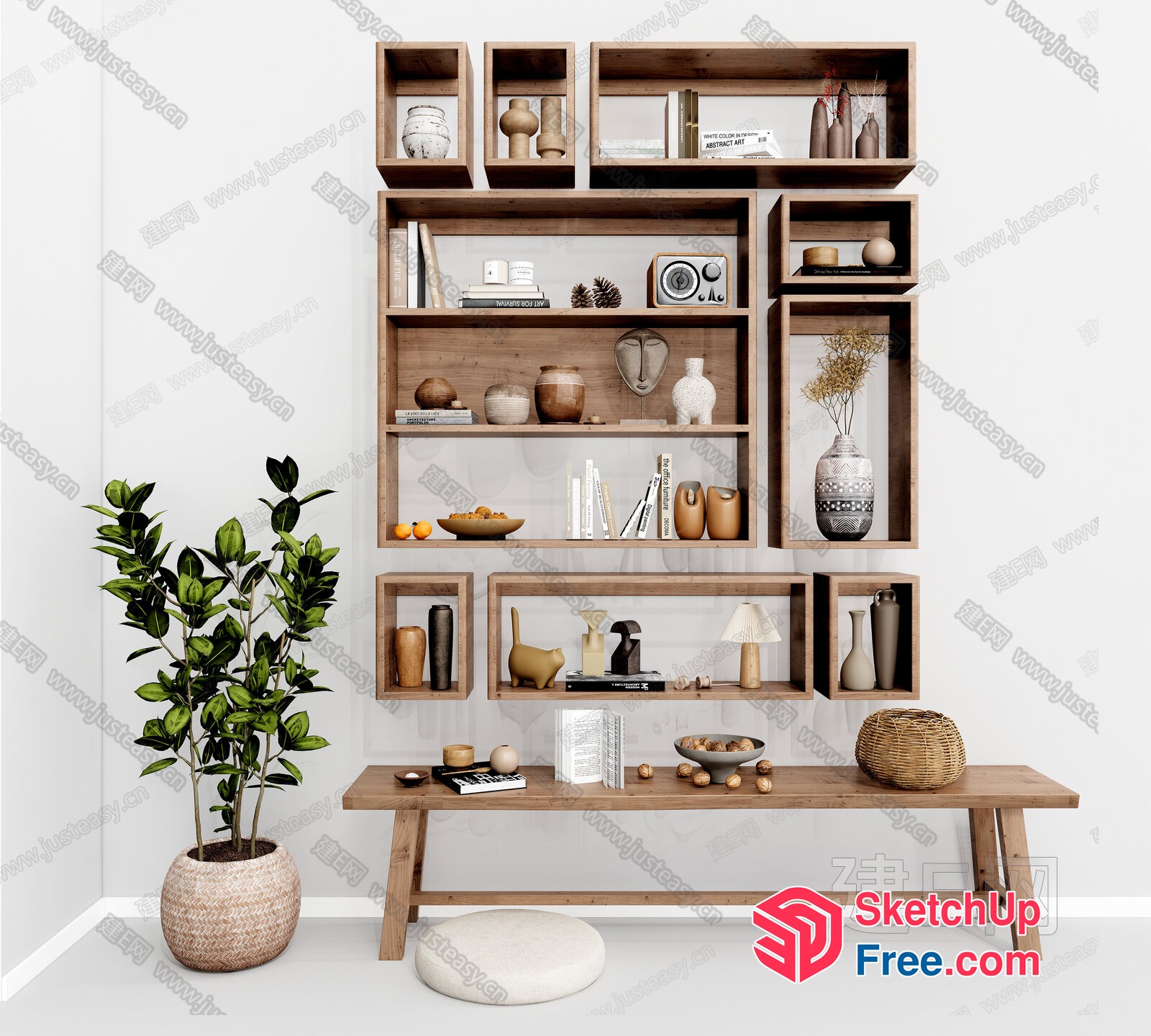 Rustic Wooden Shelving Unit With Decorative Items 3D SketchUp File