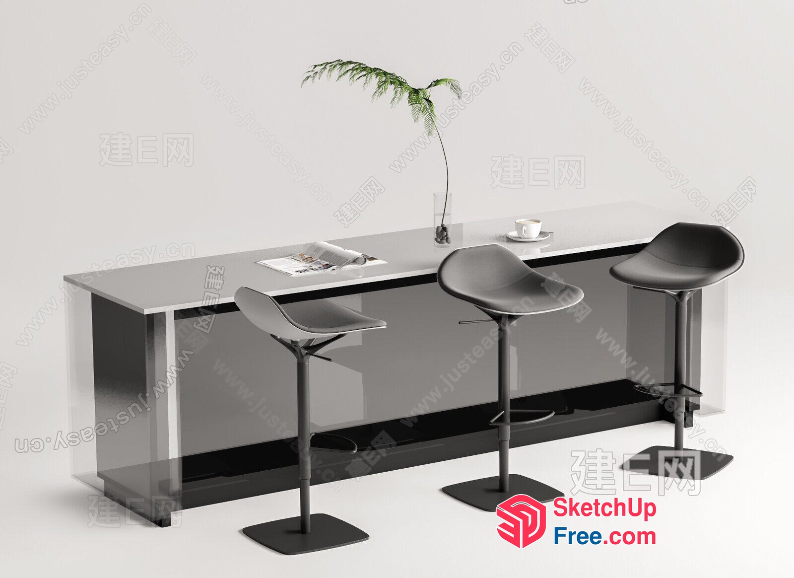 Modern Minimalist Office Desk With Bar Stools 3D SketchUp File