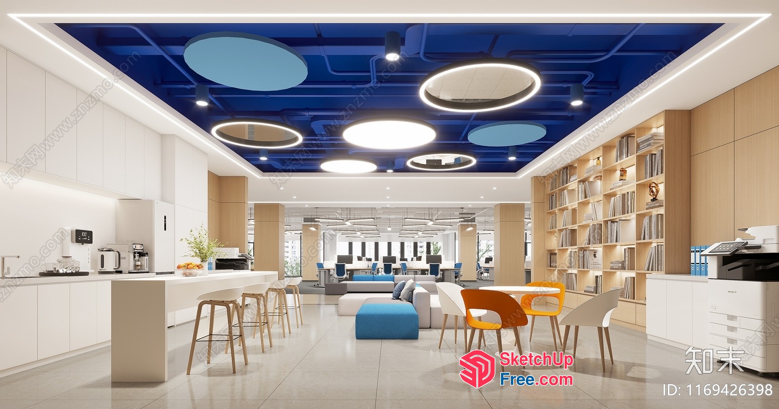 Modern Office Space With Blue Ceiling And White Walls 3D SketchUp File