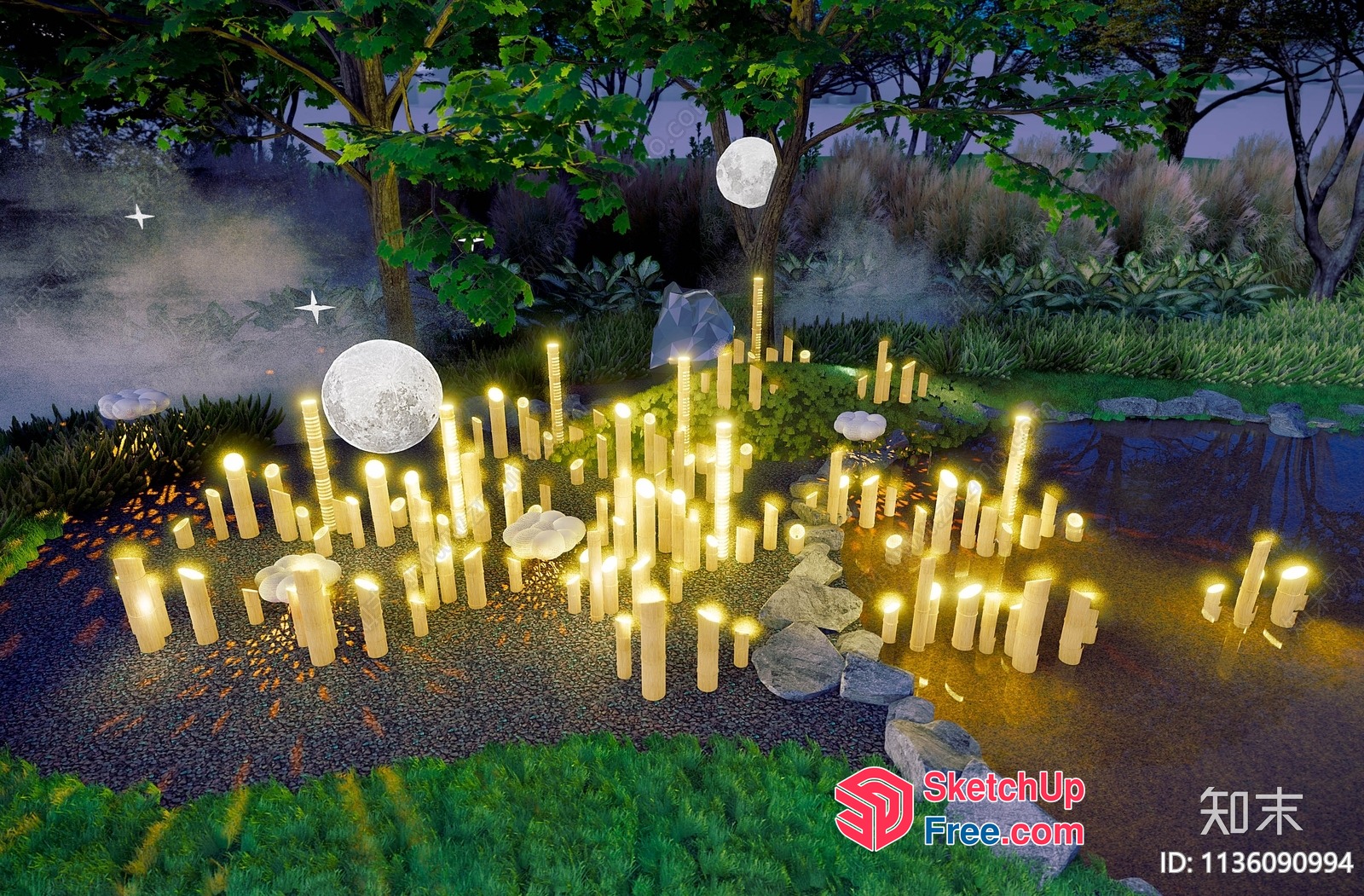 Serene Outdoor Ambiance With Illuminated Candles And Moonlit Sky 3D SketchUp File
