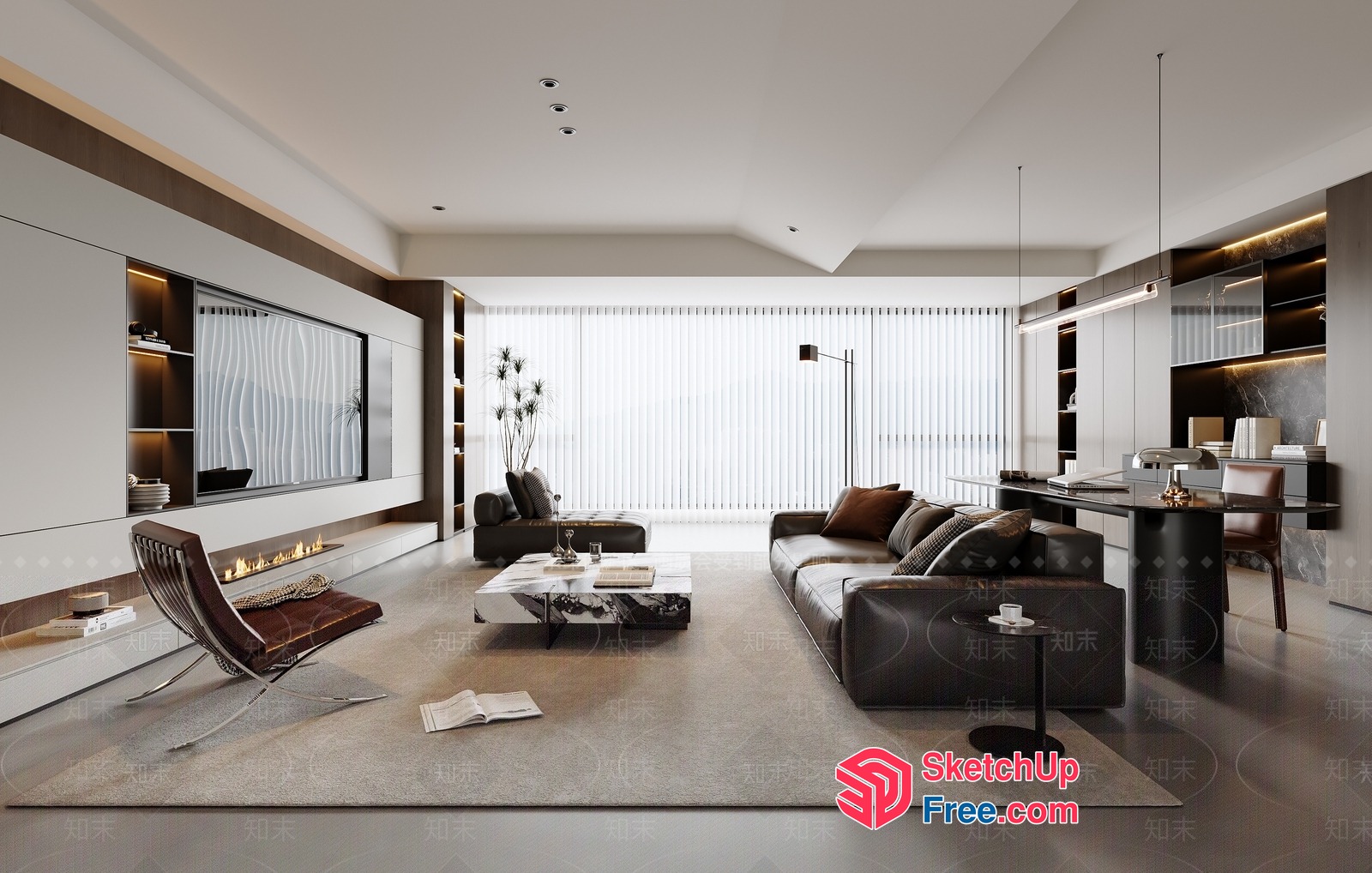 Modern Living Room With Sleek Furniture And Fireplace 3D SketchUp File