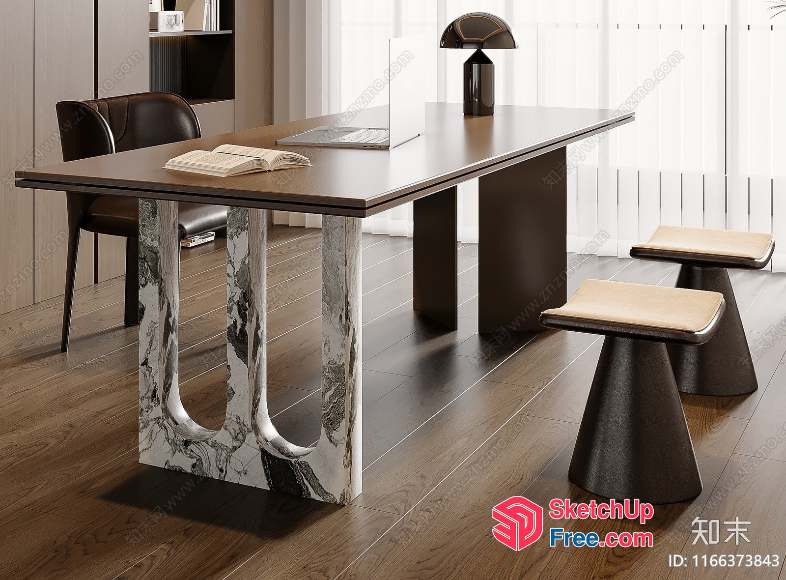 Modern Office Space With Dark Wood Floors And White Walls 3D SketchUp File