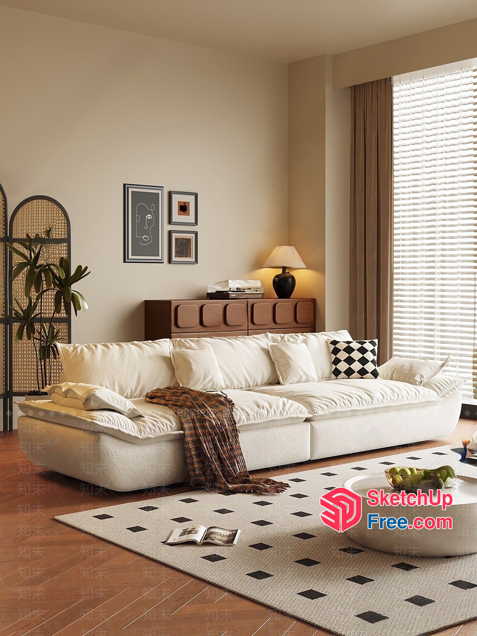 Minimalist Living Room With Creamy Style Sofa And Wooden Furniture 3D SketchUp File