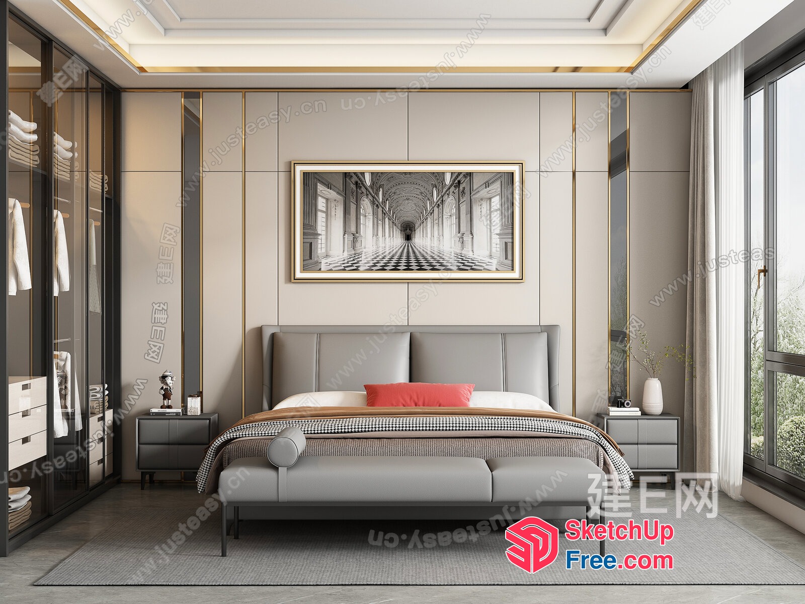 Modern Grey Leather Bed With Pillows And Blanket 3D SketchUp File