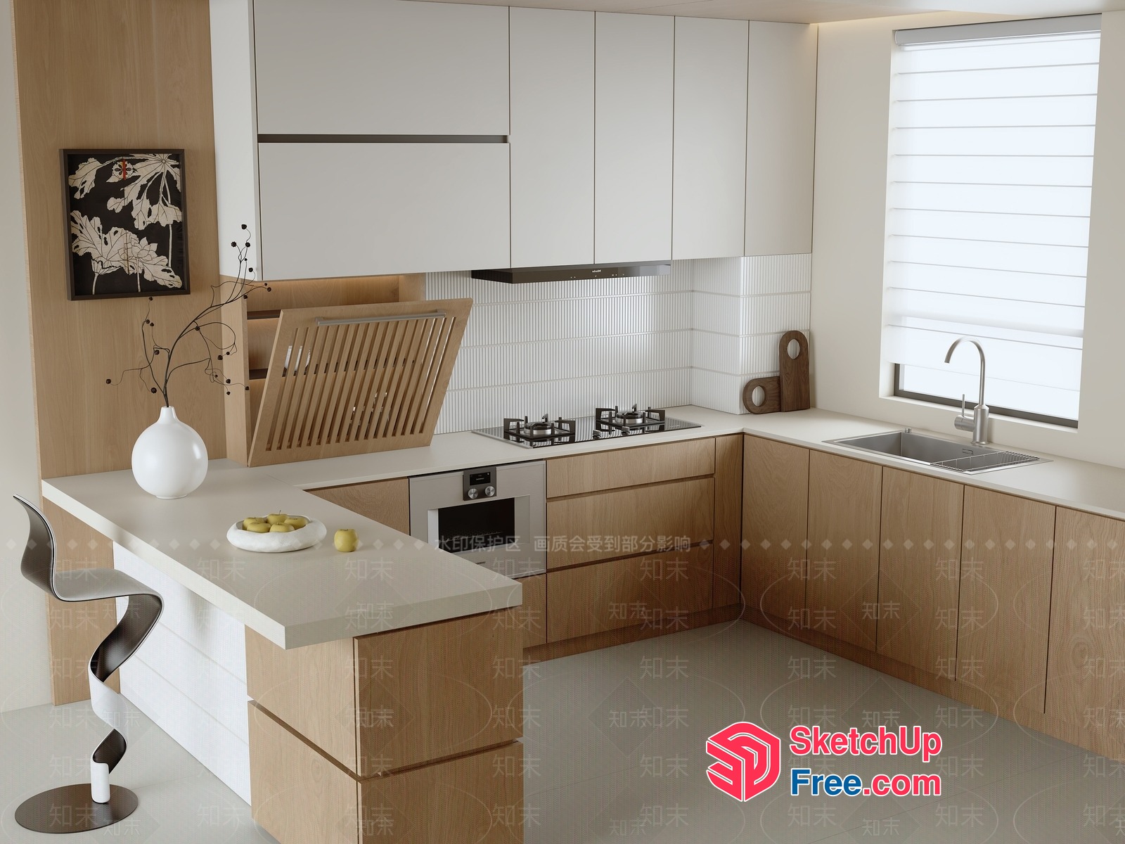 Modern Minimalist Kitchen Design With White And Wood Accents 3D SketchUp File