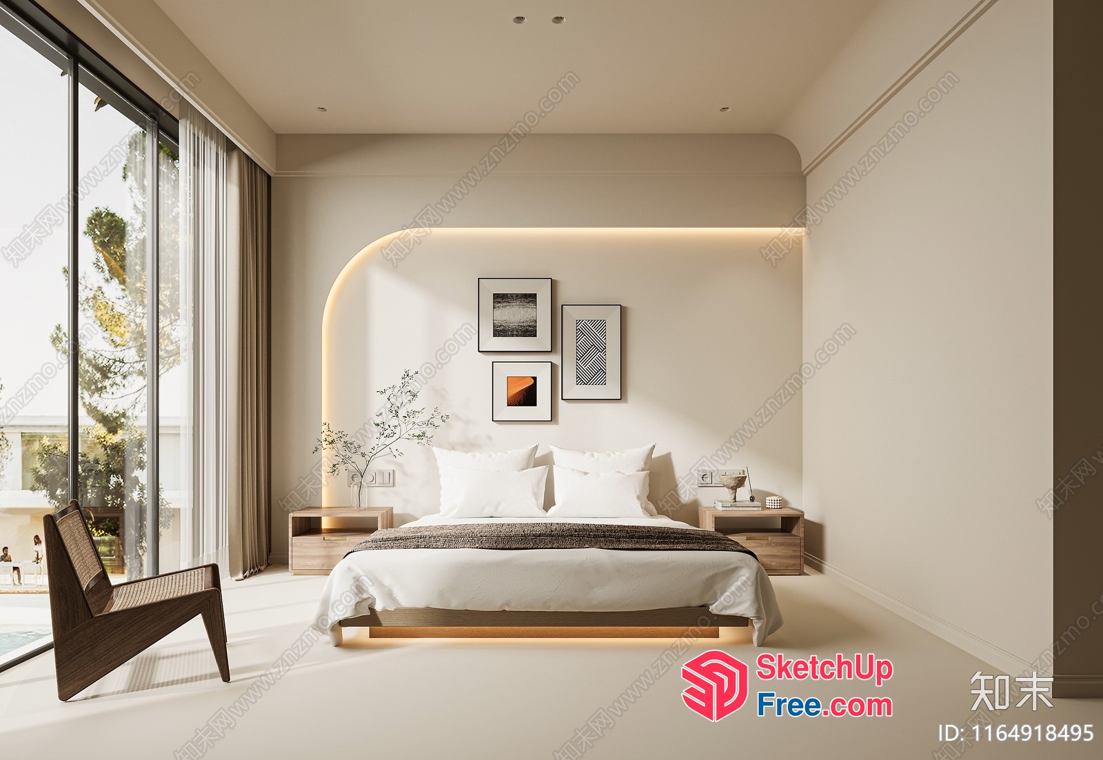 Modern Minimalist Bedroom With White Bed And Pillows 3D SketchUp File