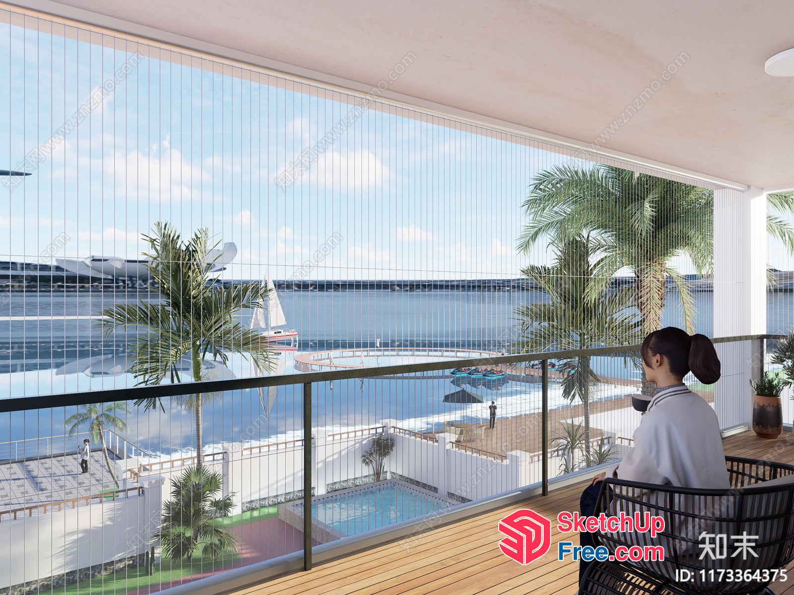 Balcony With A View Of A Pool And A Body Of Water 3D SketchUp File