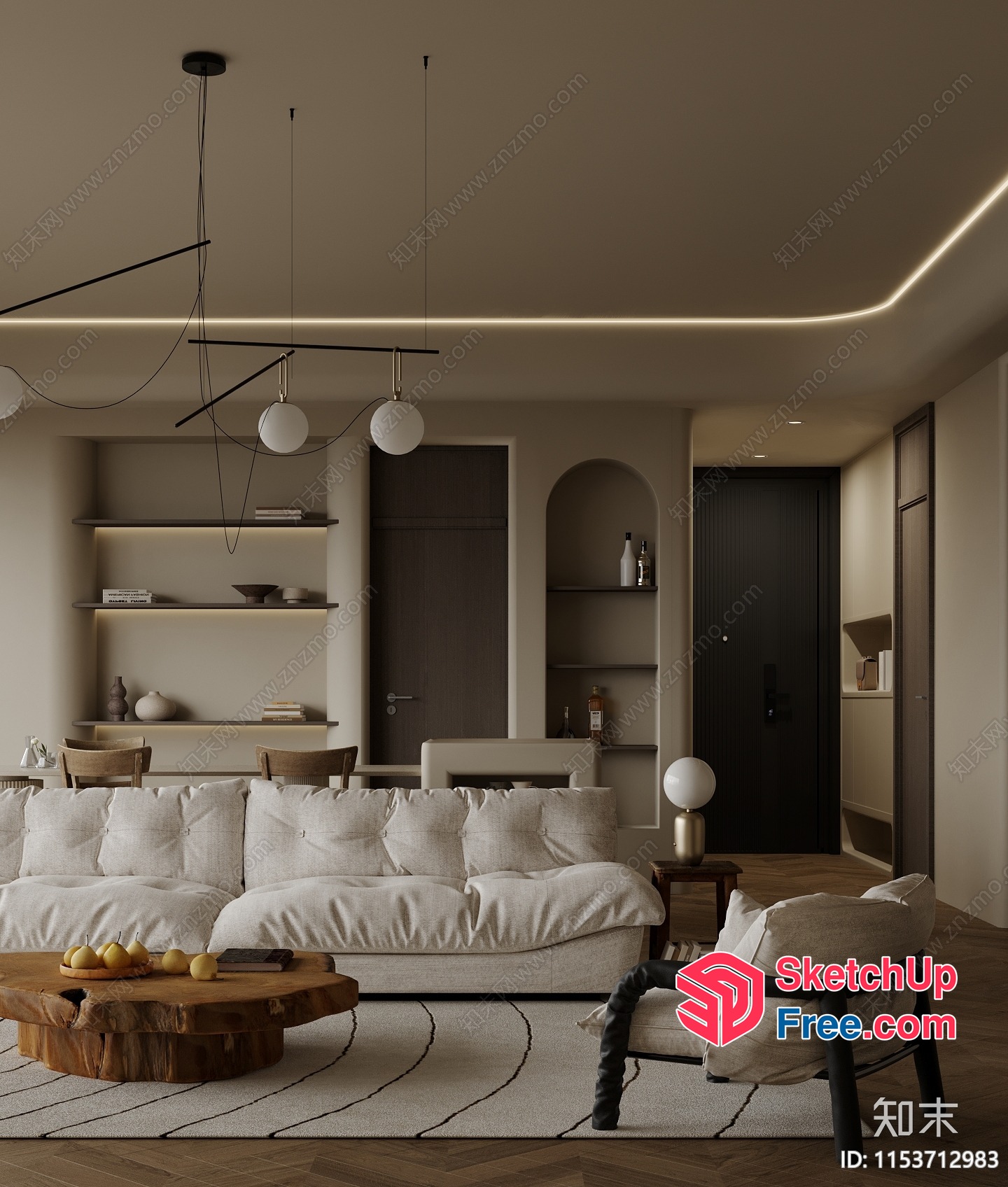 Minimalist Japanese Style Living Room With Creamy Sofa 3D SketchUp File