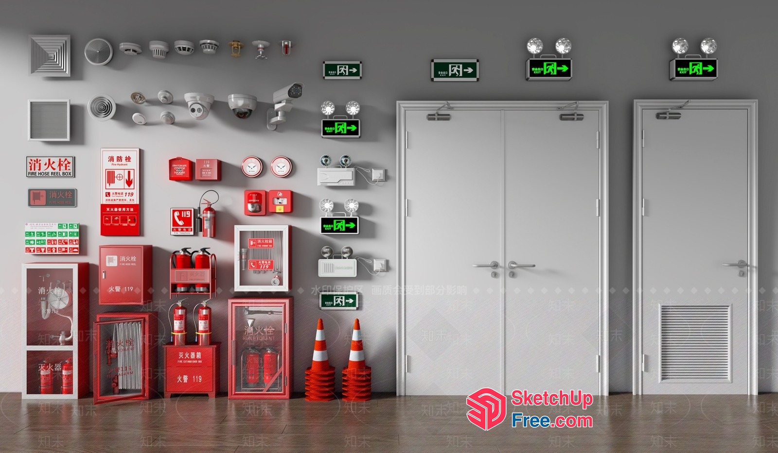 Fire Safety Equipment And Emergency Exit Signage 3D SketchUp File