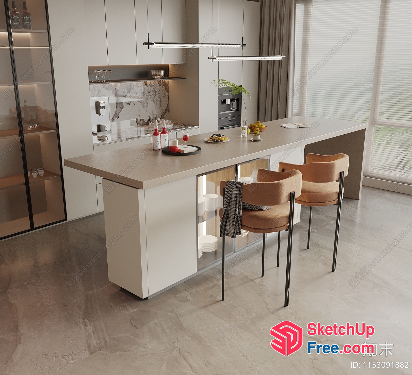 Modern Minimalist Kitchen Island With White Countertops And Cabinets 3D SketchUp File