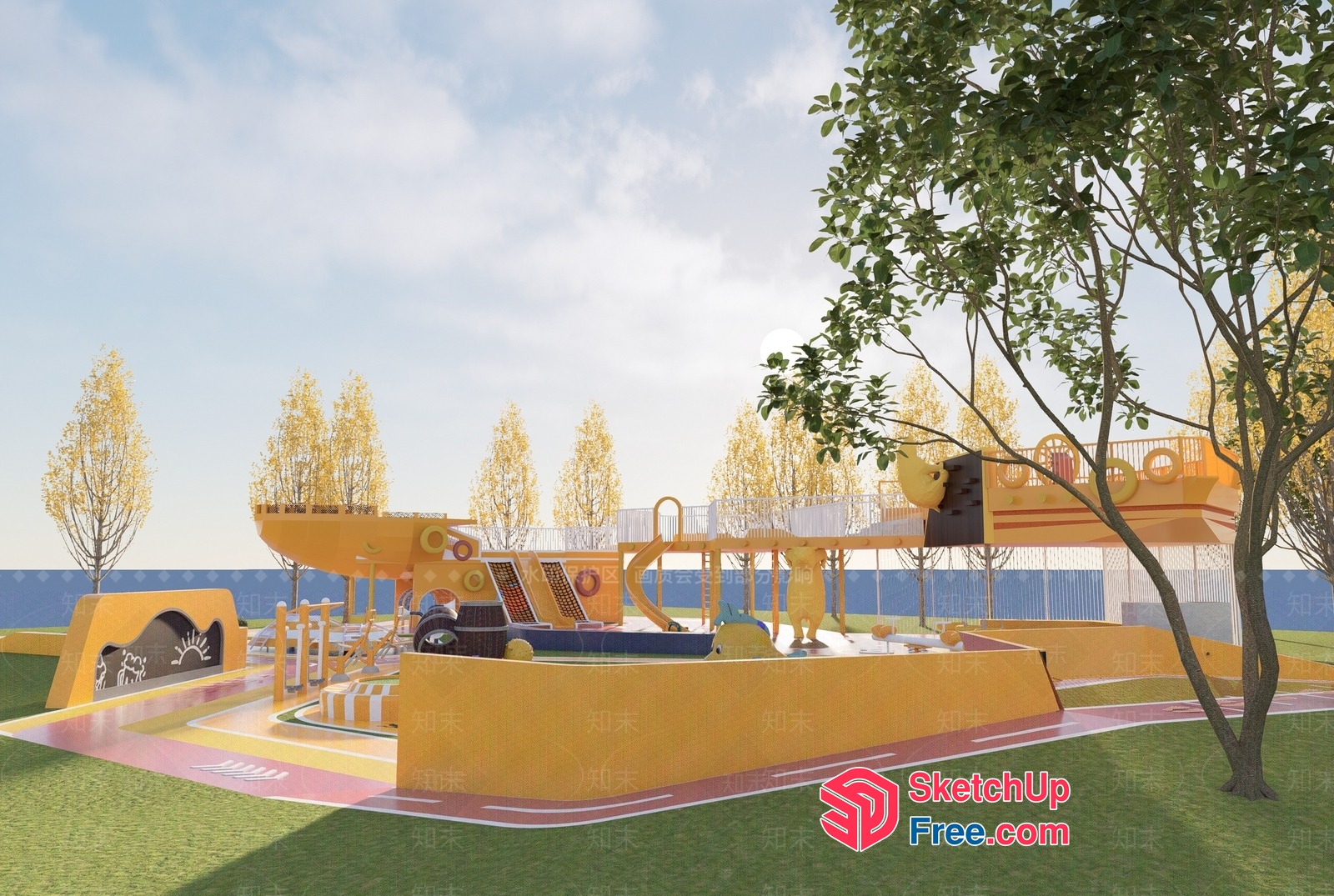 Vibrant Yellow Playground With Slide And Climbing Wall 3D SketchUp File