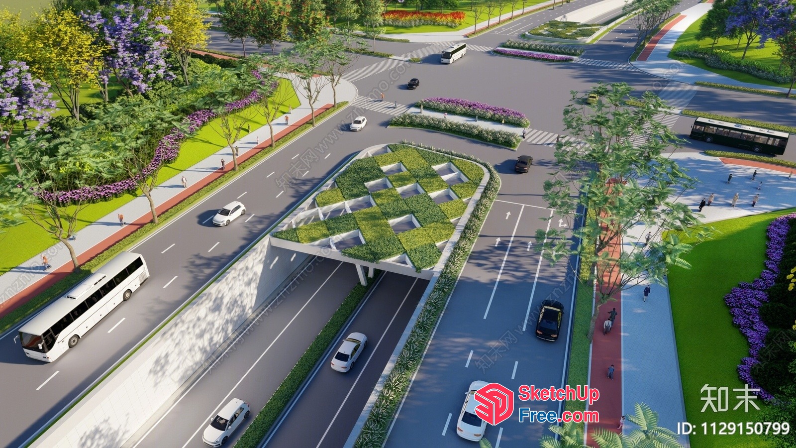 Roadway With Elevated Greenery And Vehicles 3D SketchUp File