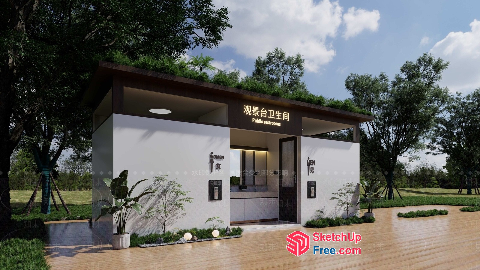 Modern Public Restroom With Green Roof 3D SketchUp File