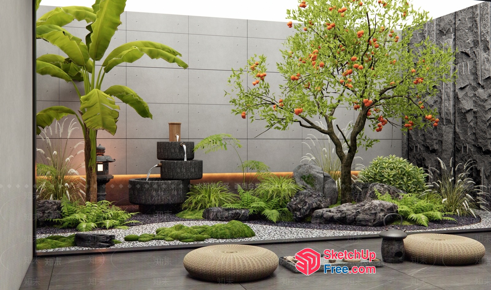 Japanese Style Garden With Water Fountain 3D SketchUp File