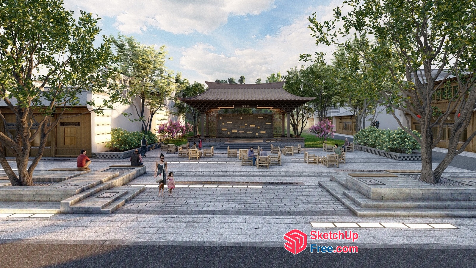 Traditional Japanese-Inspired Courtyard With Pavilion 3D SketchUp File