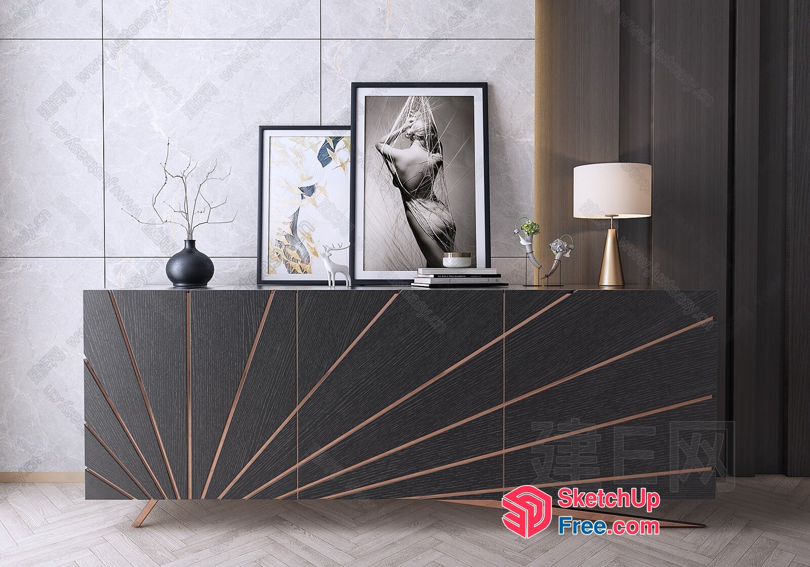 Elegant Japanese-Style Sideboard With Sunburst Design 3D SketchUp File