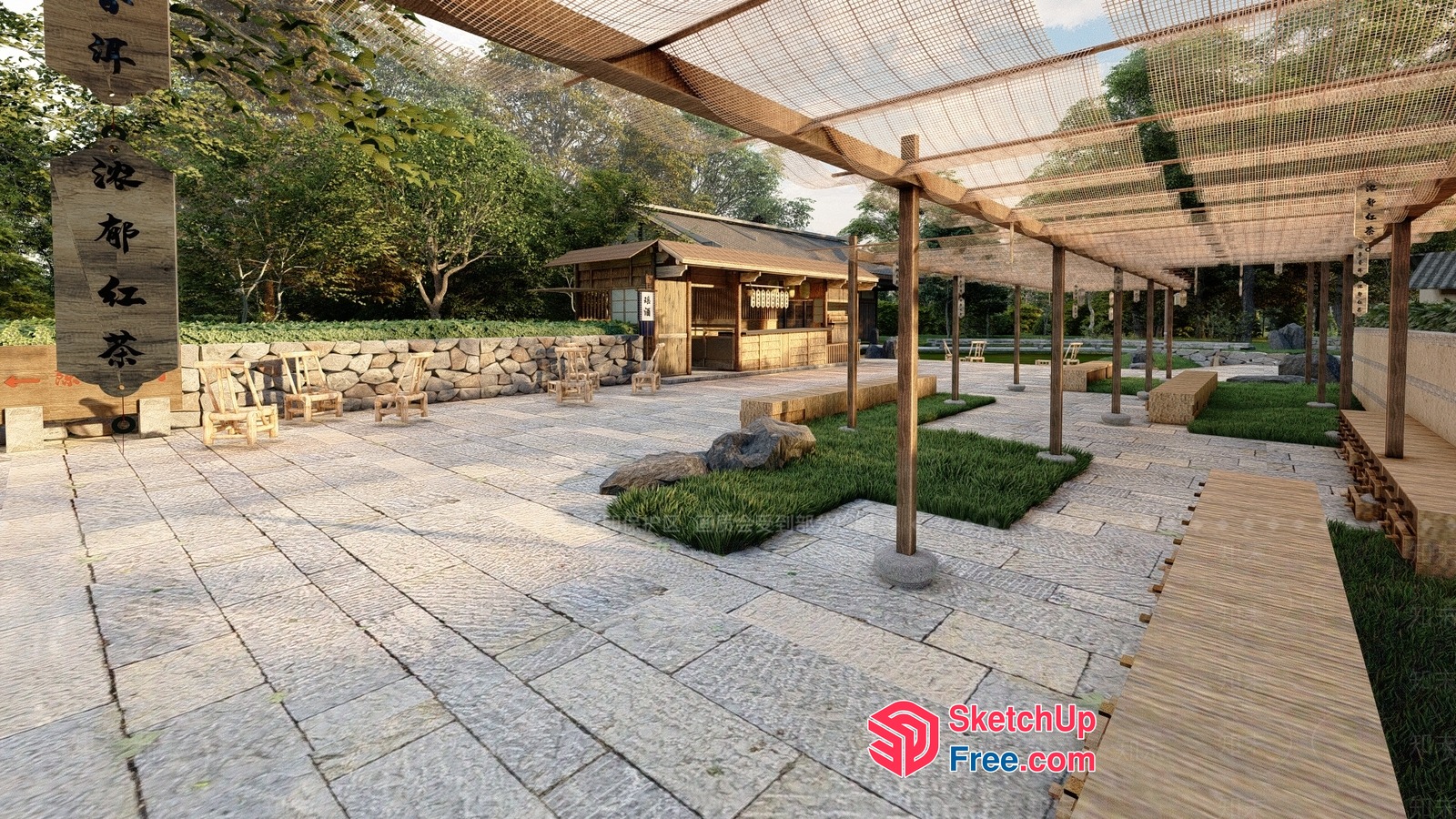 Traditional Japanese-Inspired Outdoor Space 3D SketchUp File