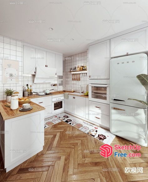 Modern Kitchen With White Cabinets And Wood Floors 3D SketchUp File