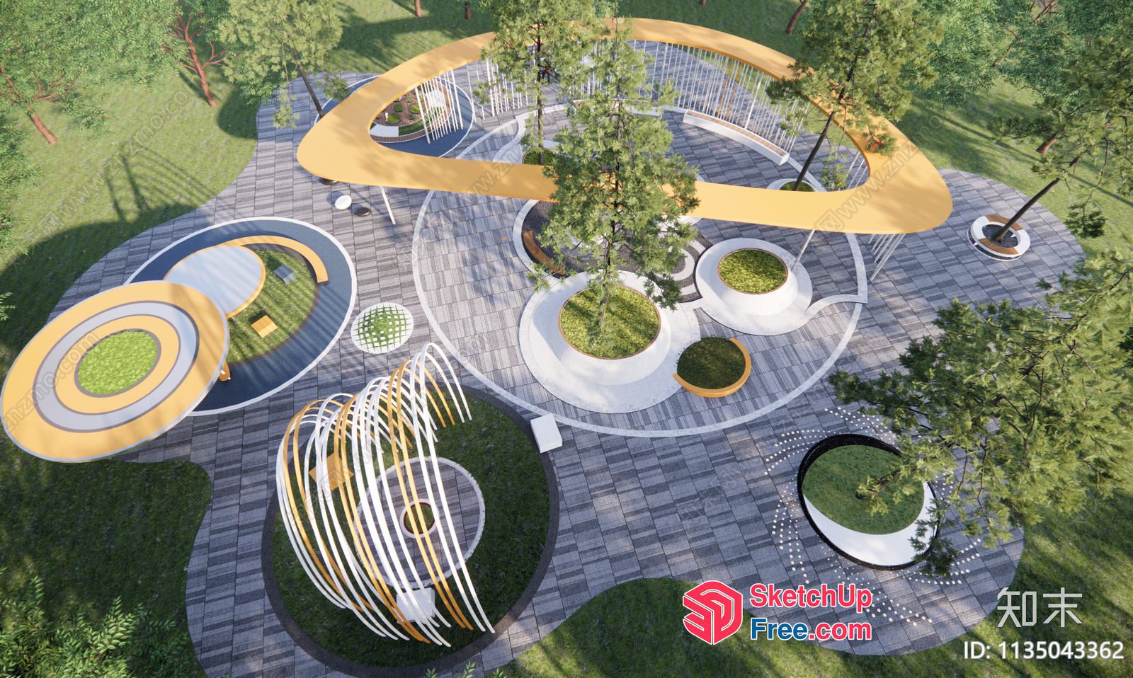 Modern Outdoor Park With Unique Sculptures And Greenery 3D SketchUp File