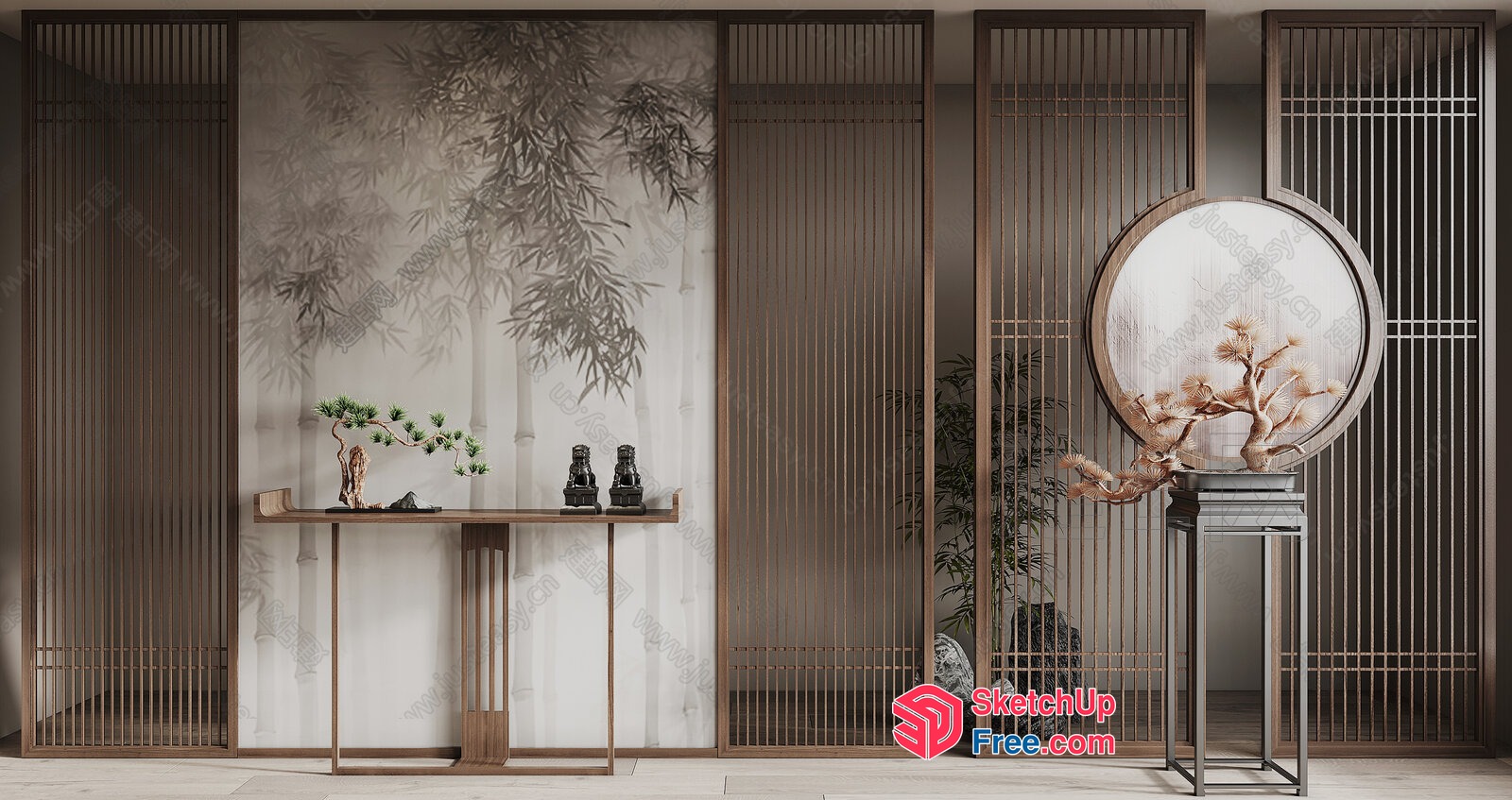 Asian-Inspired Decorative Wall With Slatted Panels And Plants 3D SketchUp File
