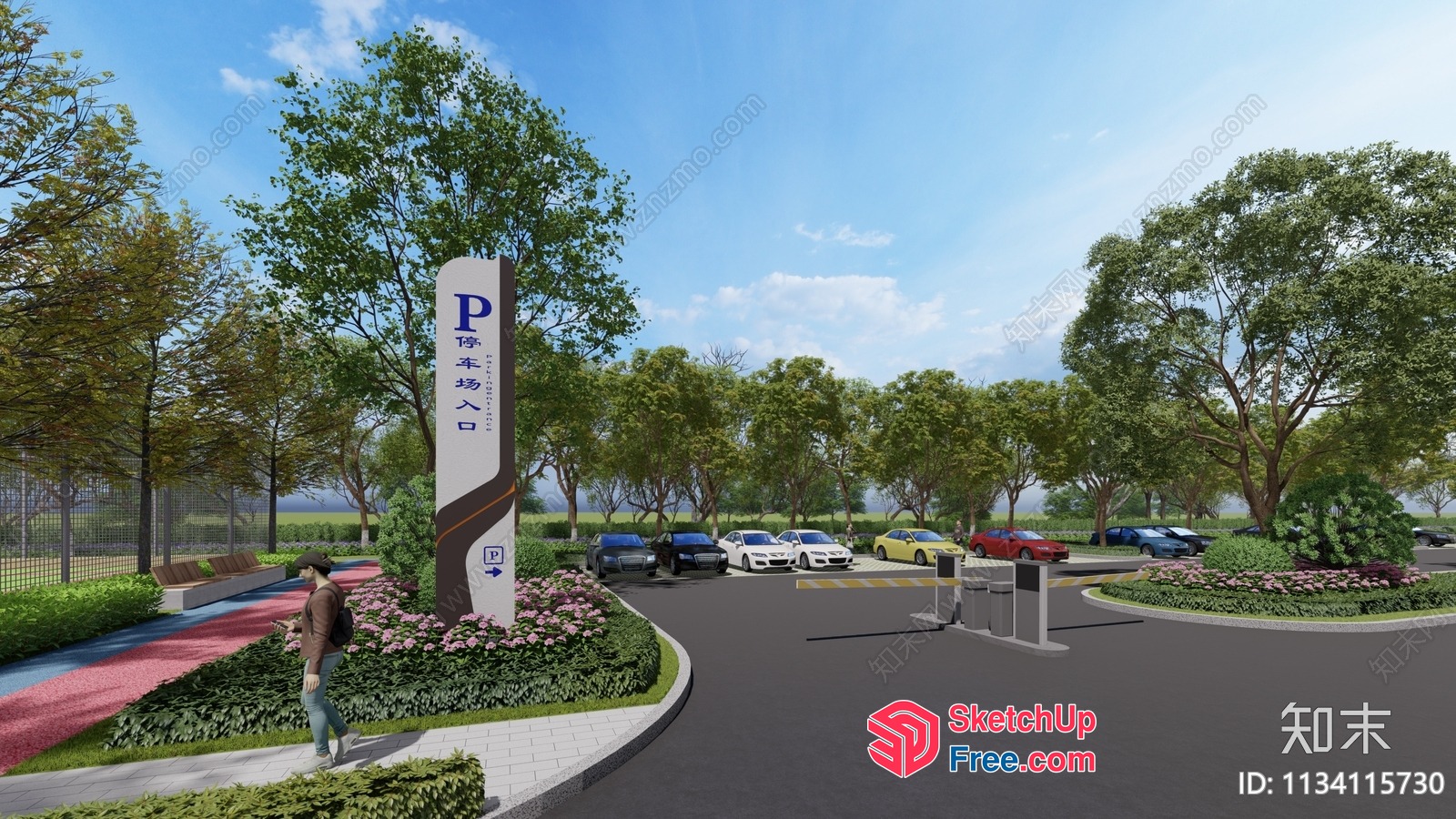 Parking Lot Entrance Sign With Pillar And Parking Lot 3D SketchUp File