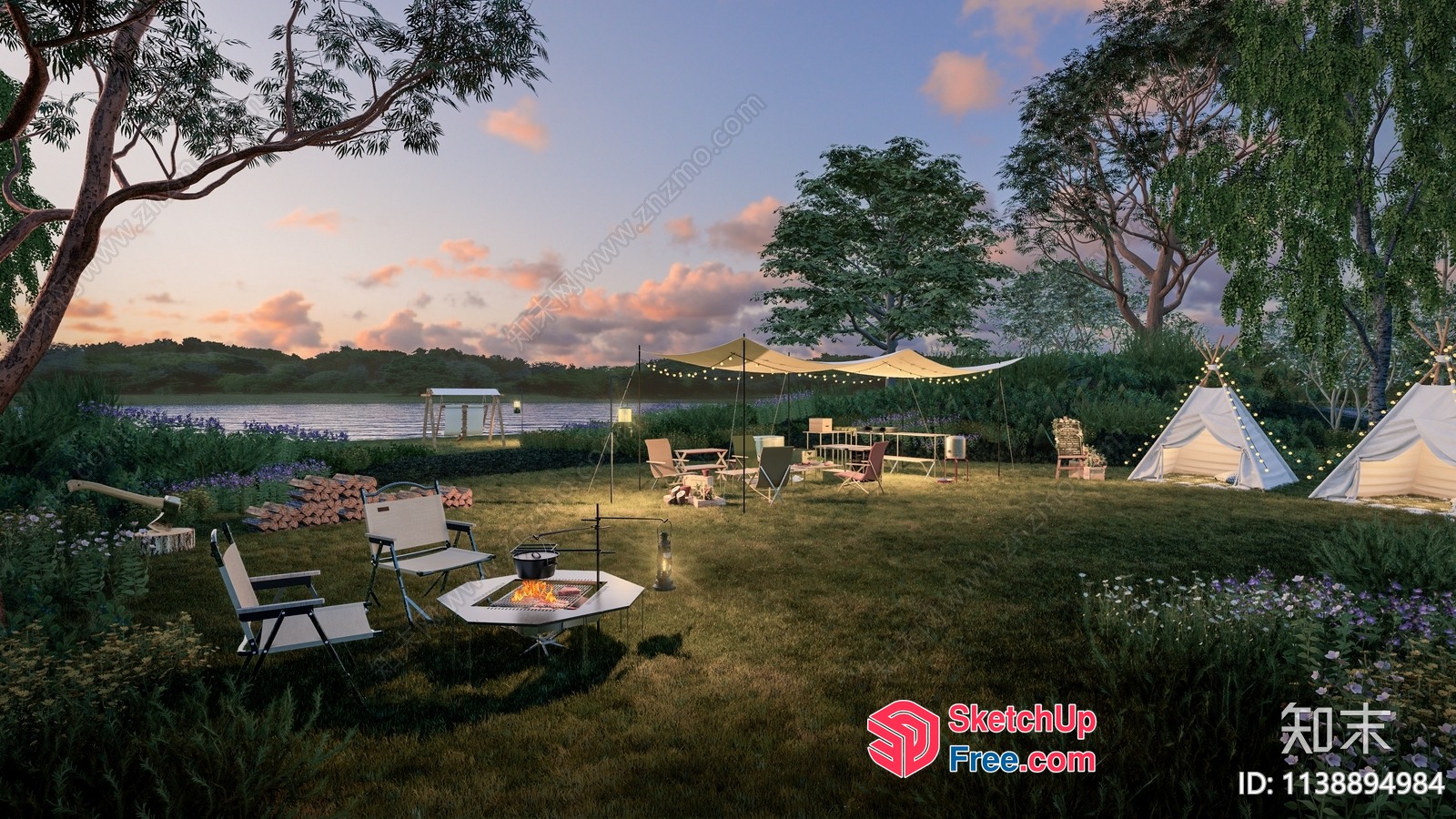 Serene Outdoor Gathering Space With Fire Pit And Tents 3D SketchUp File