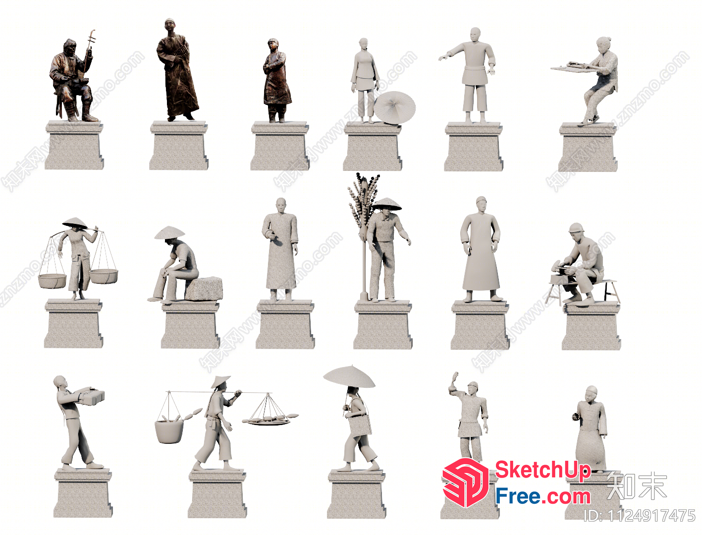 Asian People In Traditional Attire Doing Various Activities 3D SketchUp File