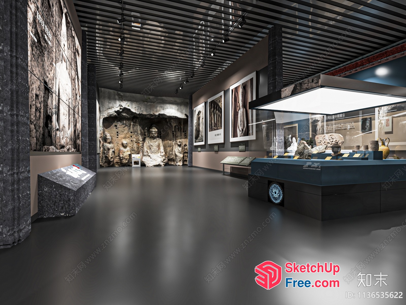 Modern Museum Exhibit Hall With Ancient Artifacts 3D SketchUp File