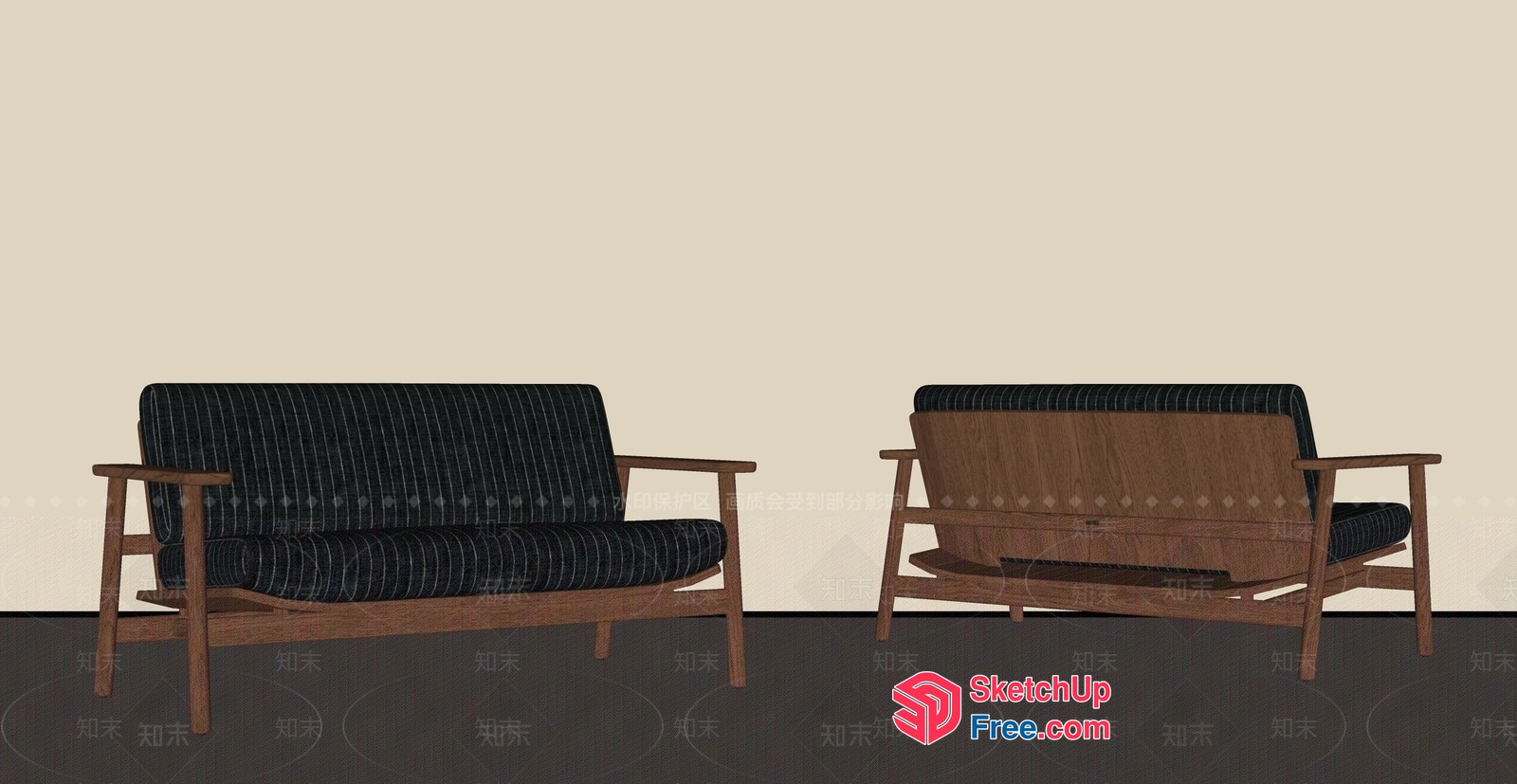 Two Modern Wooden Sofa Chairs With Black Striped Cushions 3D SketchUp File