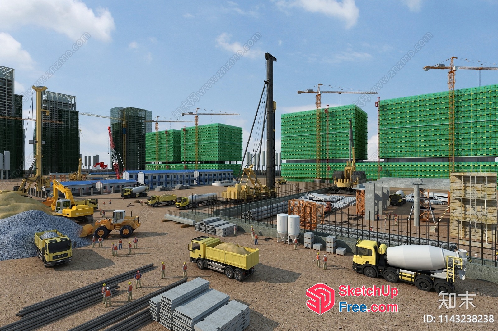 Construction Site With Heavy Machinery And Building Materials 3D SketchUp File
