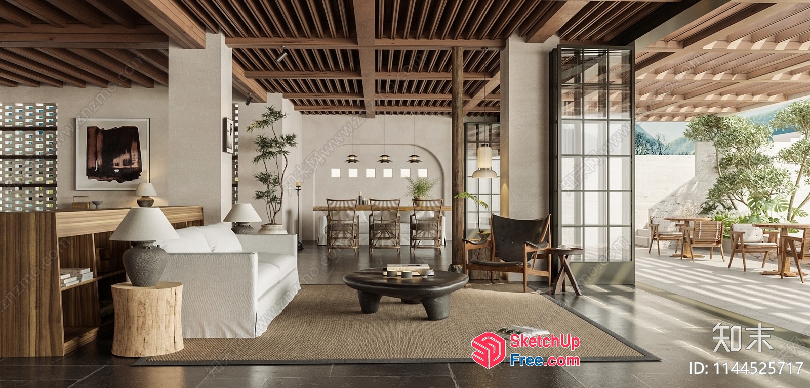 Modern Japanese-Style Living Room With Natural Wood Accents 3D SketchUp File