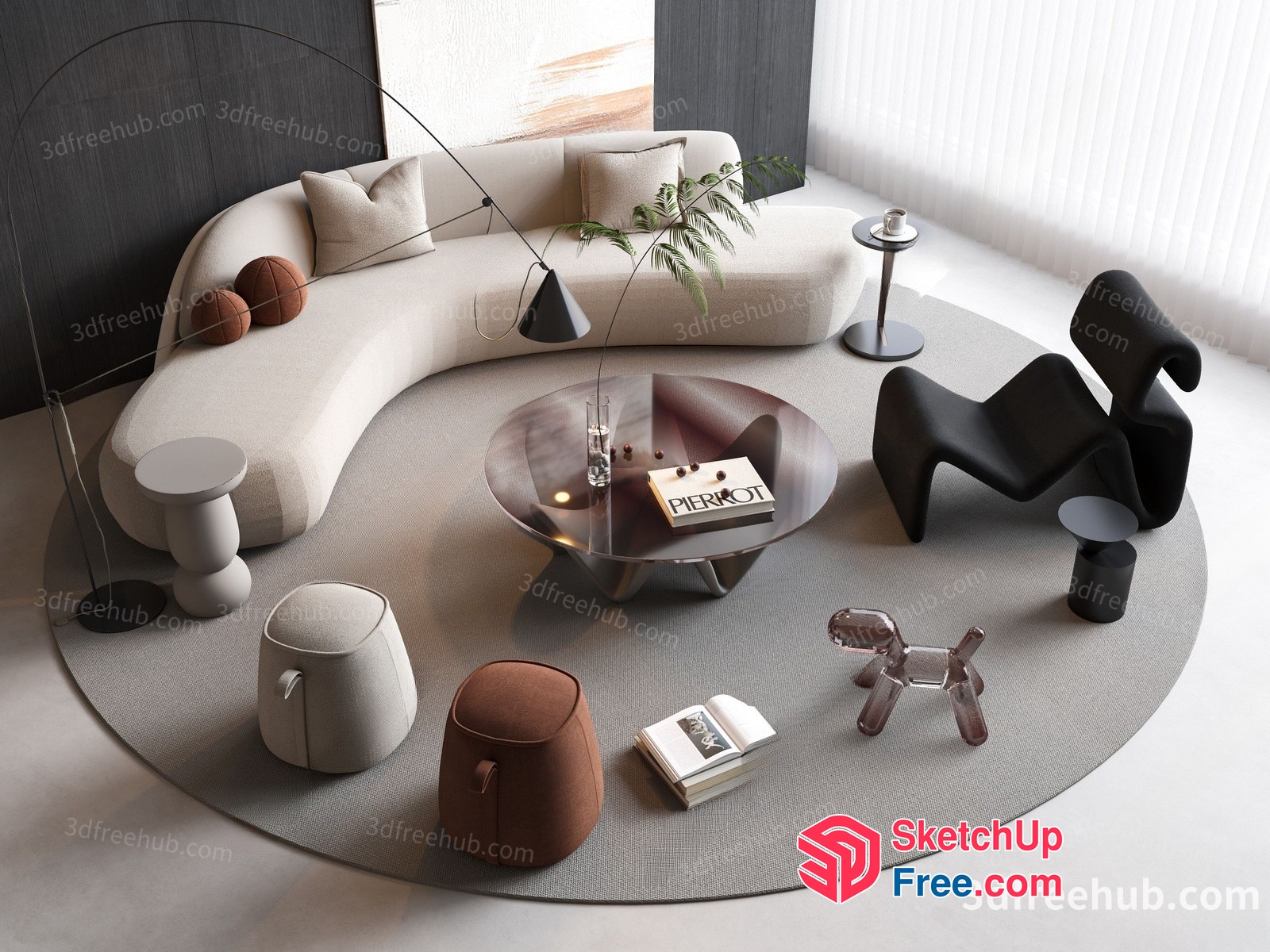 Modern Minimalist Living Room With Curved Sofa And Round Coffee Table 3D SketchUp File