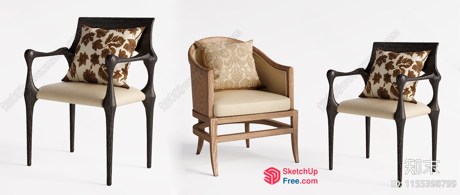 Elegant Wood And Cream Armchairs 3D SketchUp File