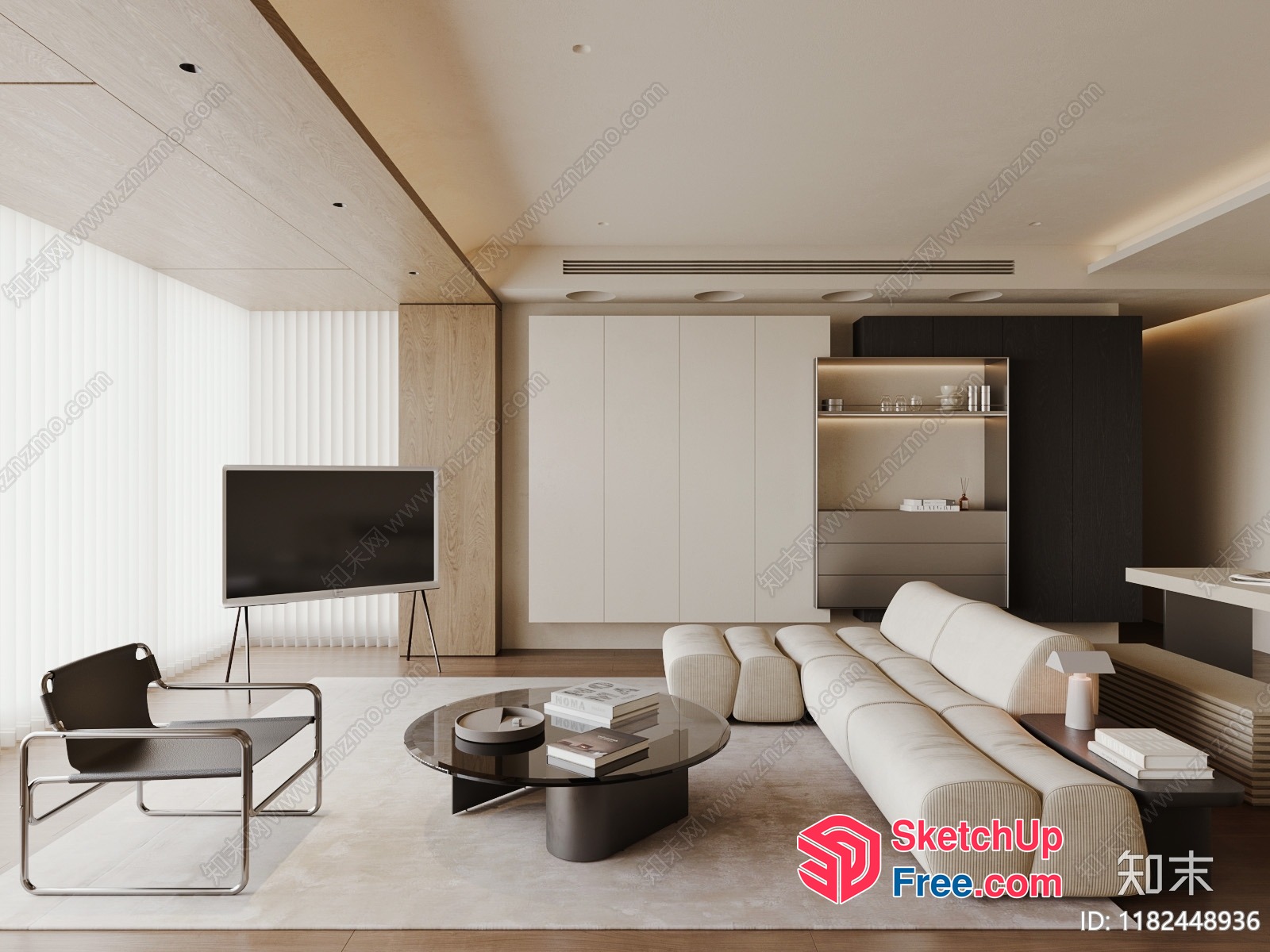 Modern Minimalist Living Room With Creamy Sofa And Tv 3D SketchUp File
