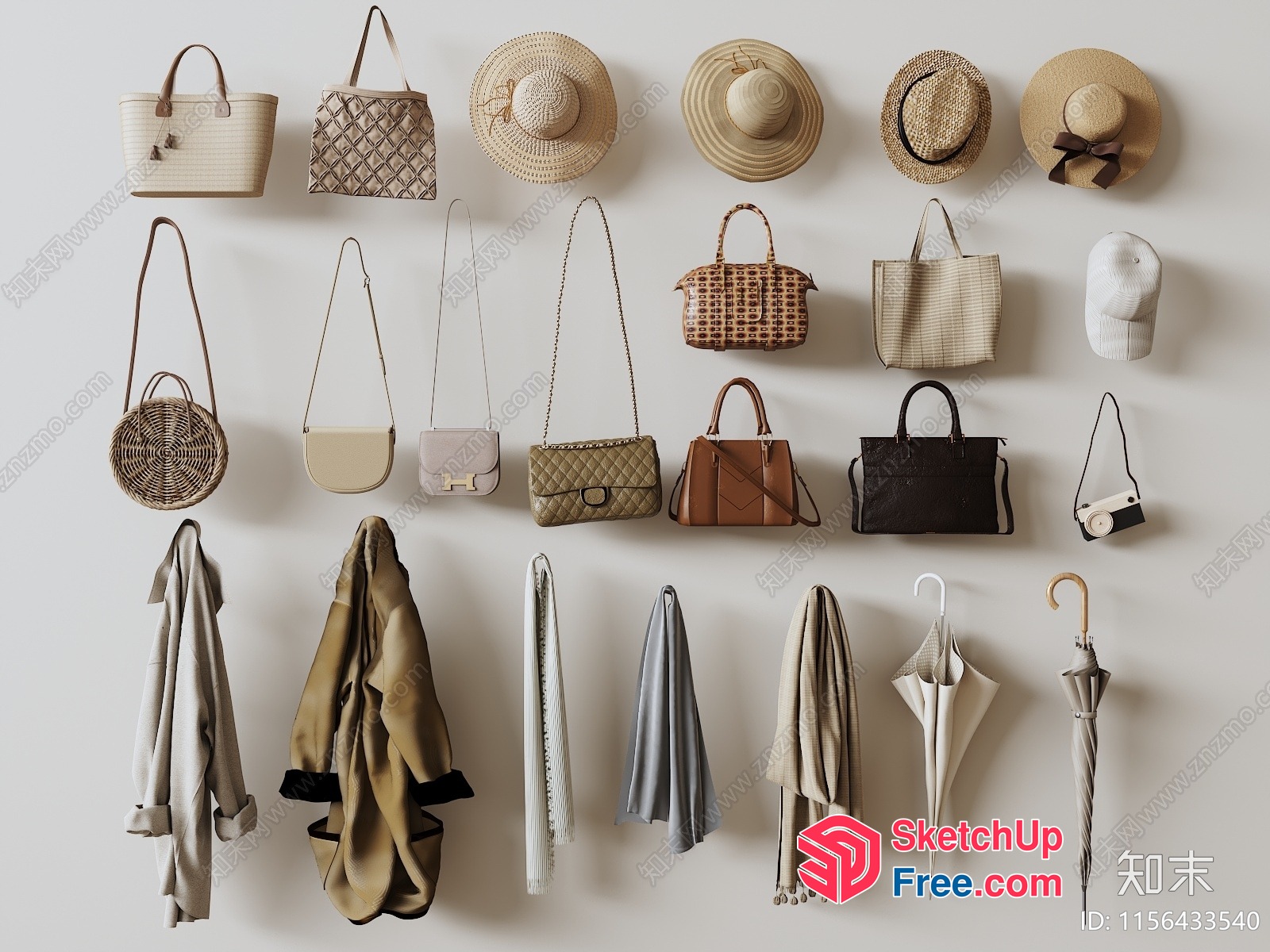 Hanging Handbags, Hats, And Umbrellas On Wall 3D SketchUp File