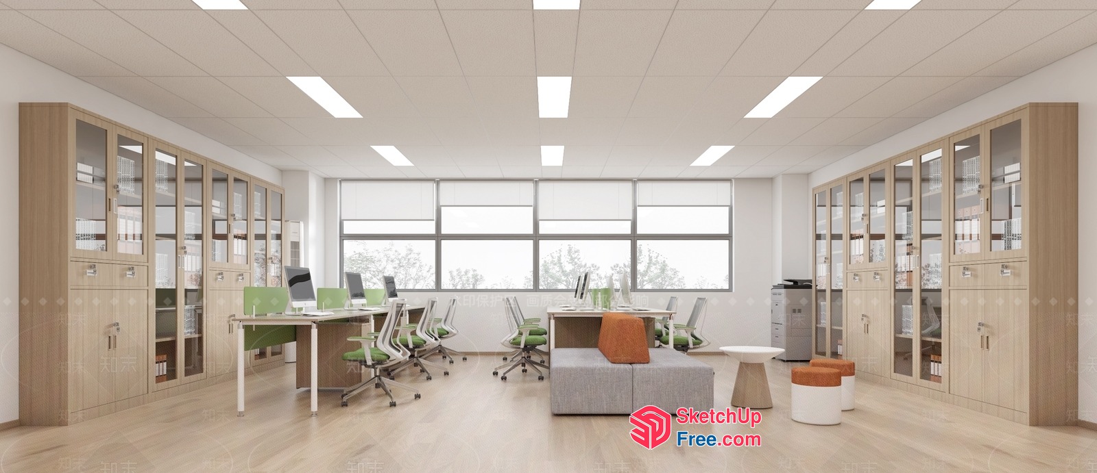 Modern Office Space With Light Wood Furniture And Green Chairs 3D SketchUp File