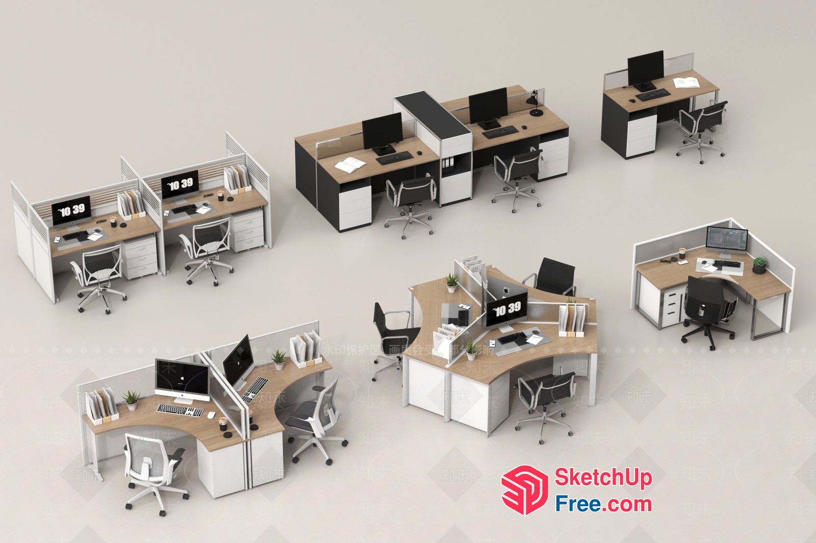 Modern Office Workstations With Wooden Desks And White Furniture 3D SketchUp File