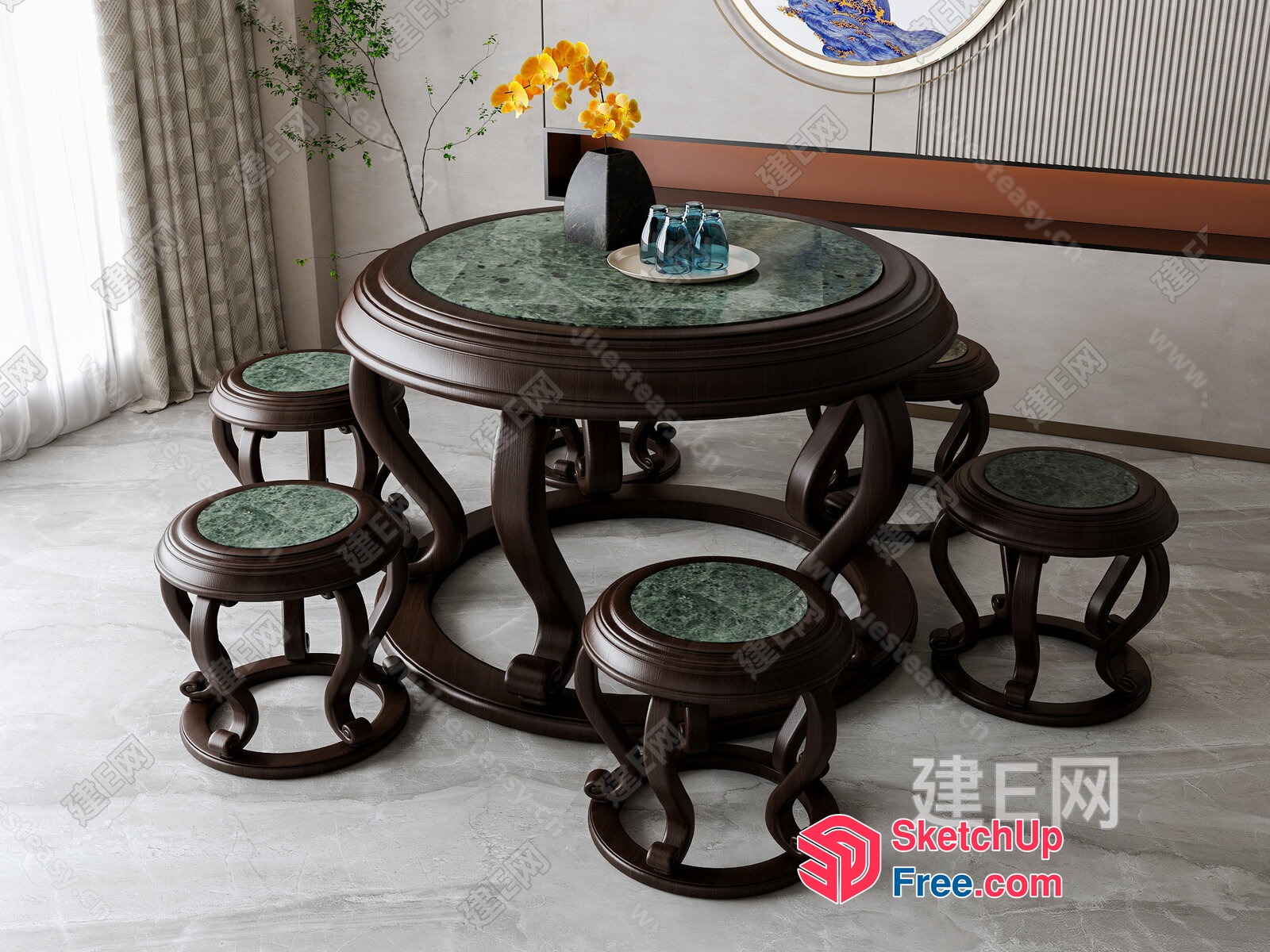 Elegant Round Table And Stools Set 3D SketchUp File