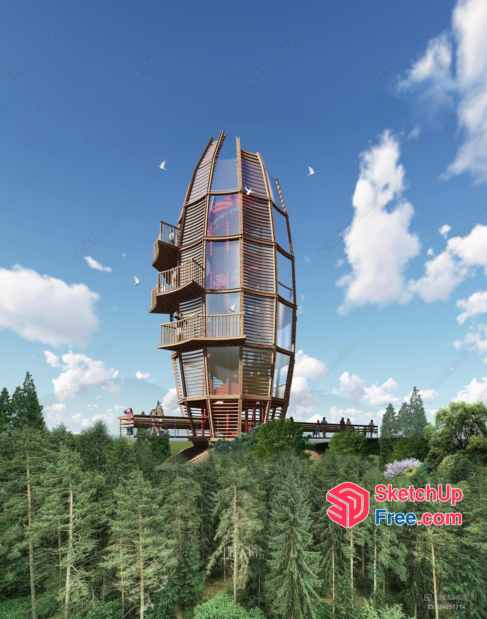 Futuristic Treehouse With Glass Walls And Balconies 3D SketchUp File