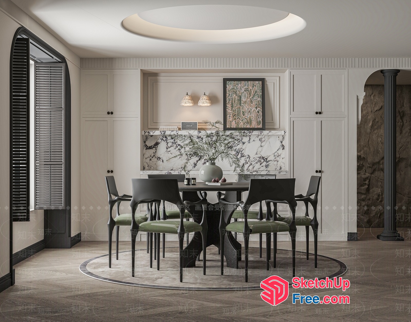 Elegant Dining Room With Marble Backsplash And Round Table 3D SketchUp File