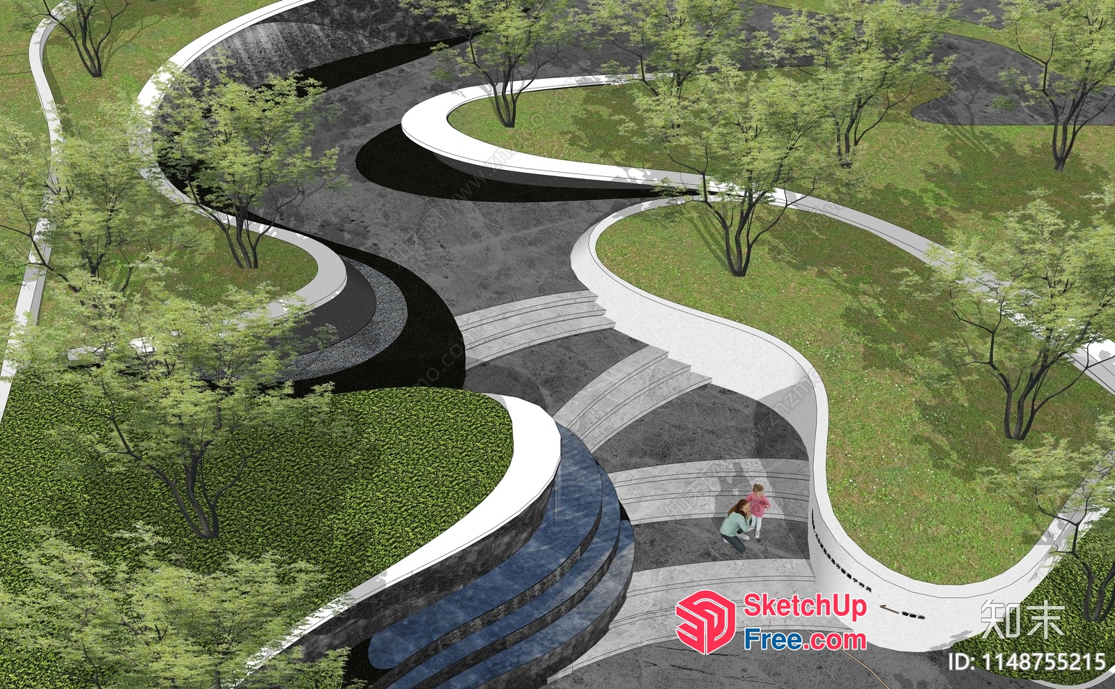 Curved Pathway With Staircase And Trees 3D SketchUp File