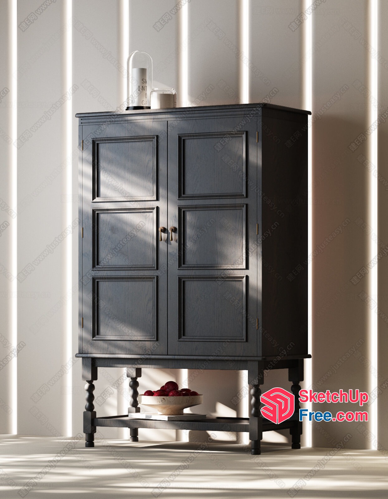 Elegant Black Cabinet With Decorative Doors And Spindle Legs 3D SketchUp File