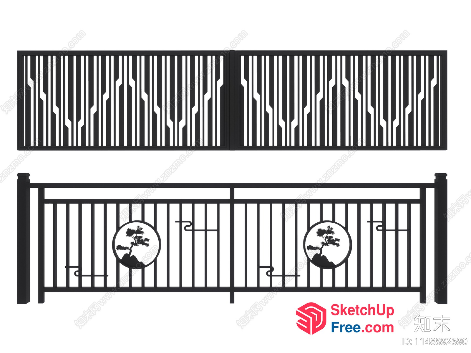 Black Metal Railing With Japanese Tree Decorations 3D SketchUp File