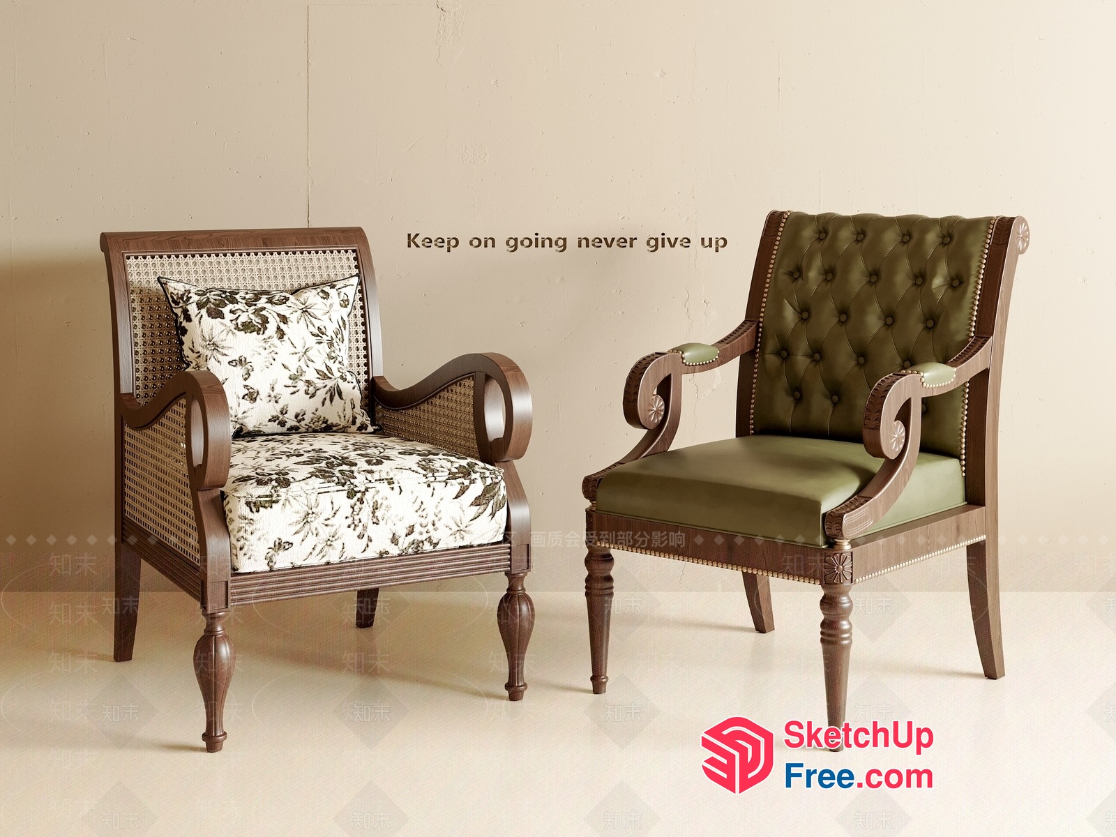 Elegant Wooden Armchairs With Floral And Green Upholstery 3D SketchUp File