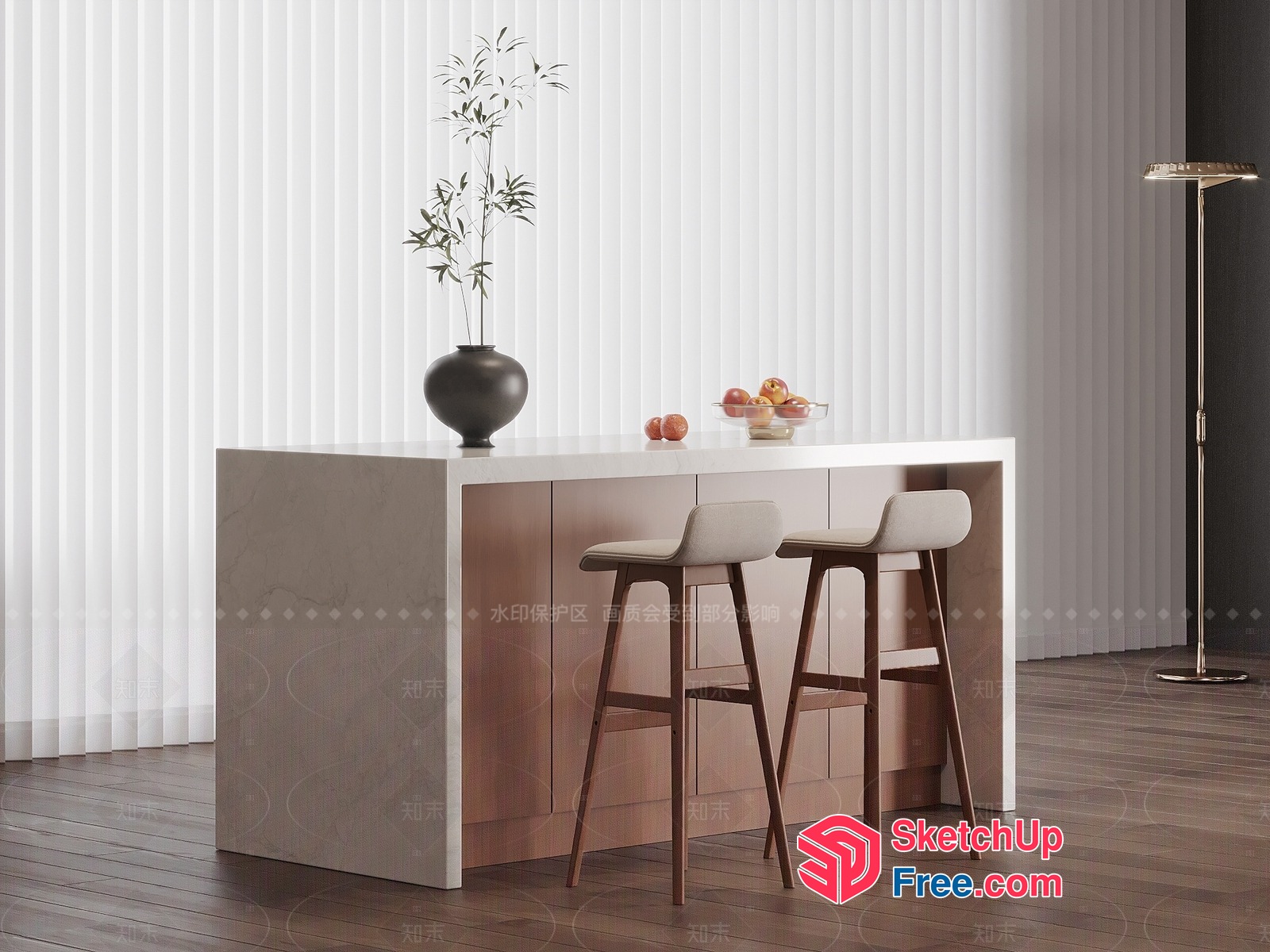 Modern Minimalist Kitchen Island With Elegant Stools 3D SketchUp File