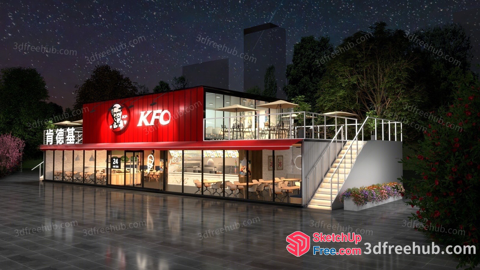Kfc Restaurant Exterior At Night 3D SketchUp File
