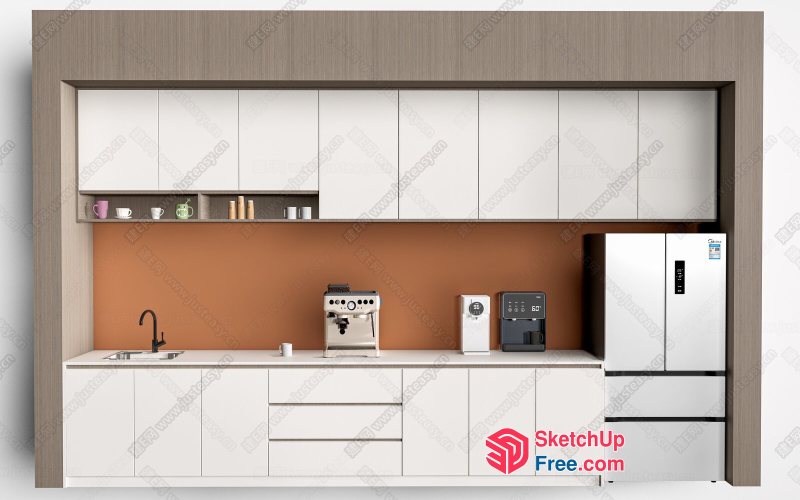 Modern Kitchen With White Cabinets And Orange Wall 3D SketchUp File