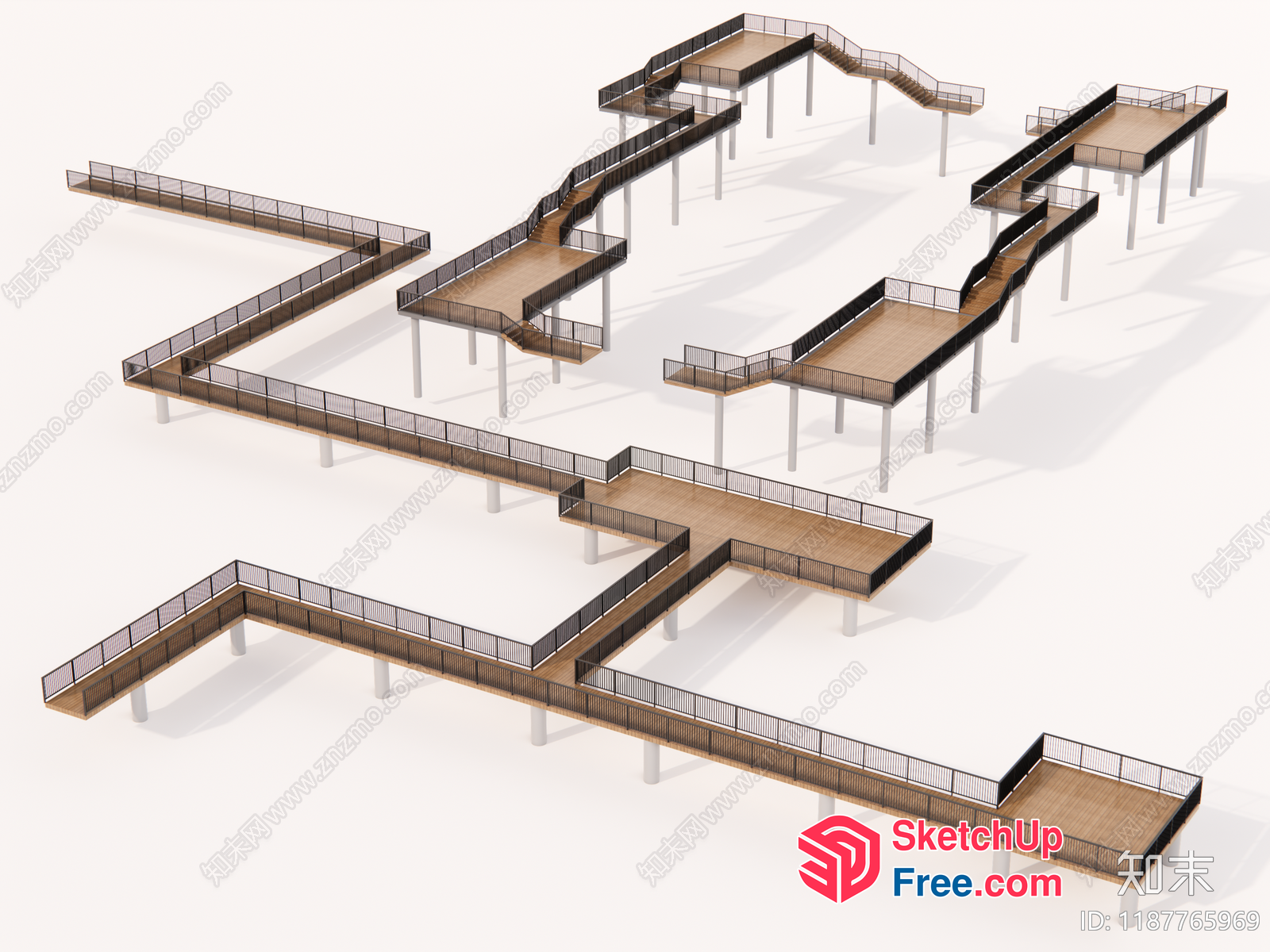 Multi-Level Wooden And Metal Railing Stairway 3D SketchUp File