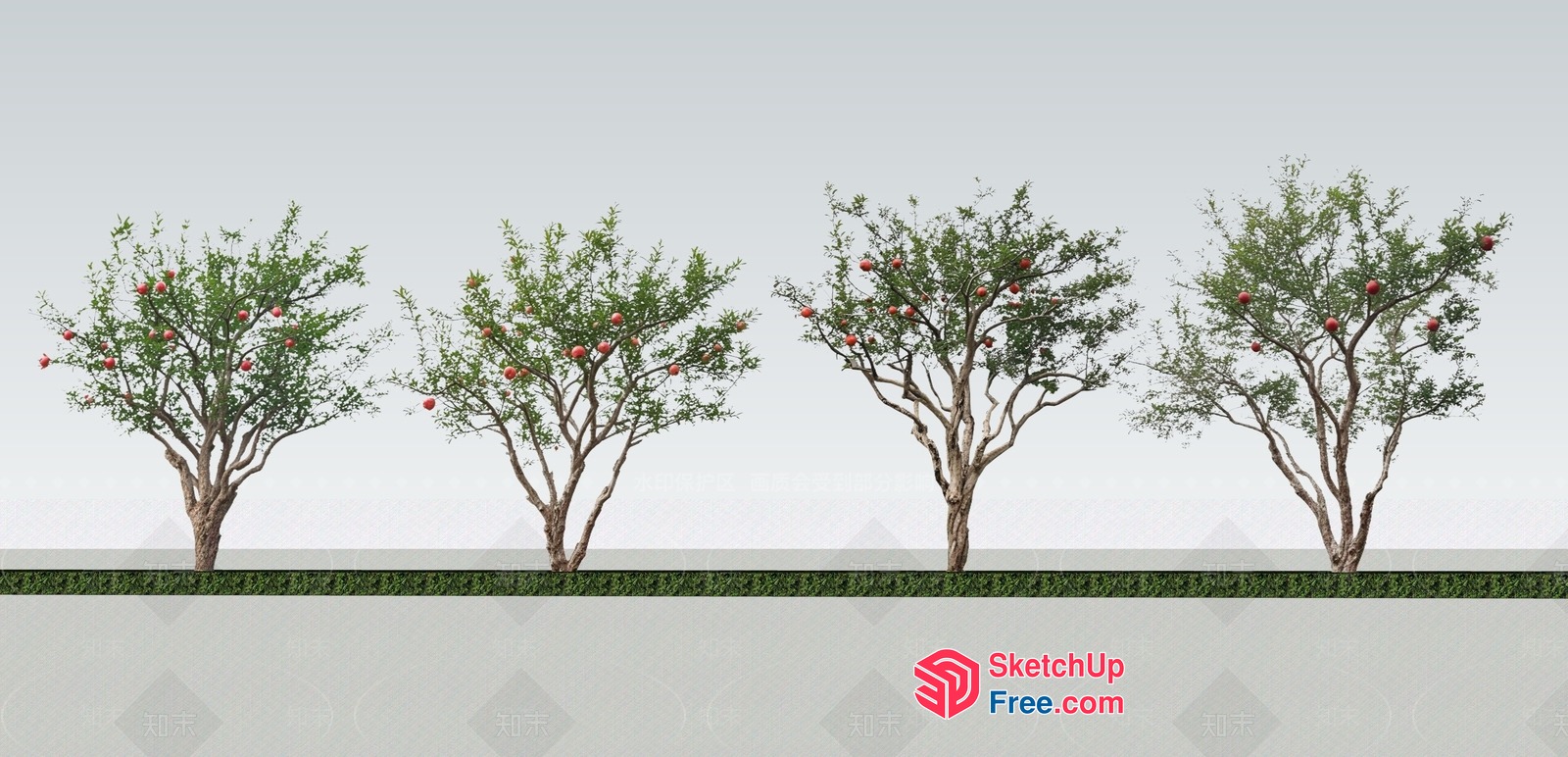 Four Trees With Red Fruits And Green Leaves 3D SketchUp File